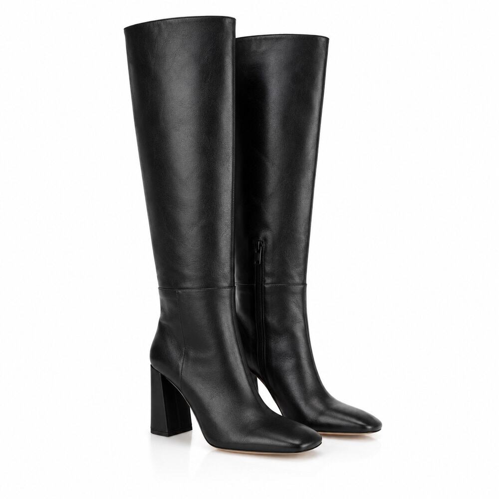 STAUD Syd Black Sheep Leather Knee High Boots Square Toe Heel EU 39.5 US 9.5